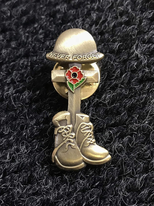 Soldier Helmet Rifle Boots and Red Poppy Lapel pins